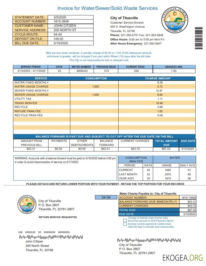 USA City of Titusville Florida utility bill template in Word and PDF format (.doc and .pdf)